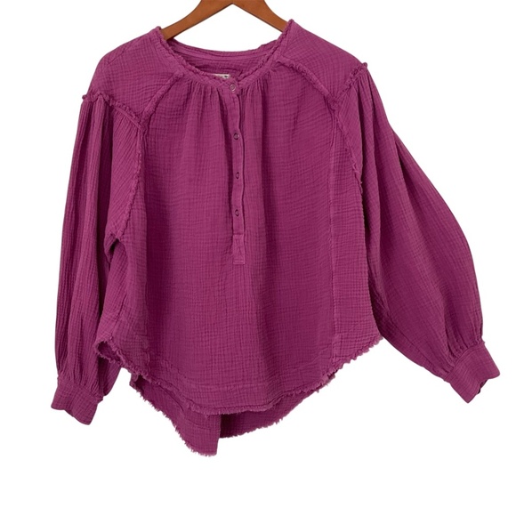 Free People We The Free Henley Top SzS Purple Waffle Knit Boho Oversized Frayed - Picture 1 of 8